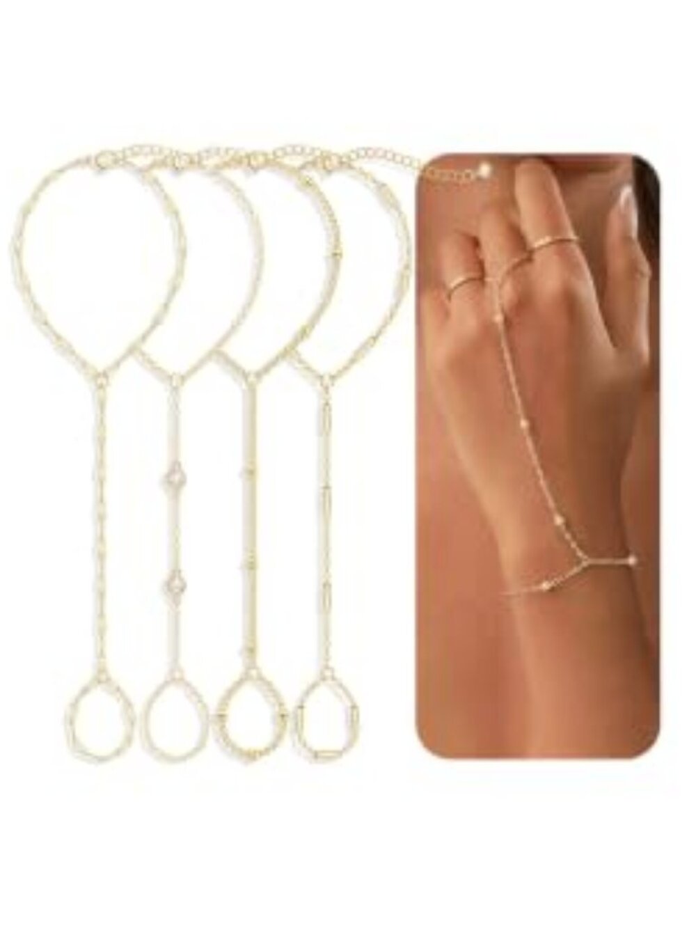 4 Pcs Gold Hand Chain Bracelets for Women, Dainty 14K Gold Plated Ring Bracelet